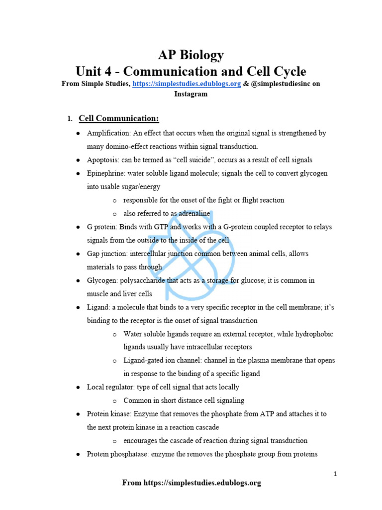 609f63d106cc9d2a8a1a1da9 SS AP Biology Unit 4 | PDF | Cell Signaling ...