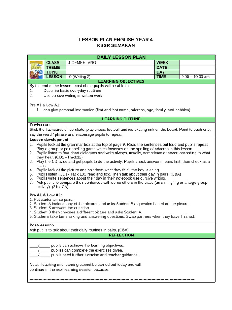 Lesson Plan English Year 4 | PDF | Lesson Plan | Question
