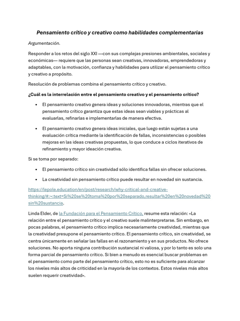Pensamiento Crítico y Creativo Como Habilidades Complementarias | PDF ...