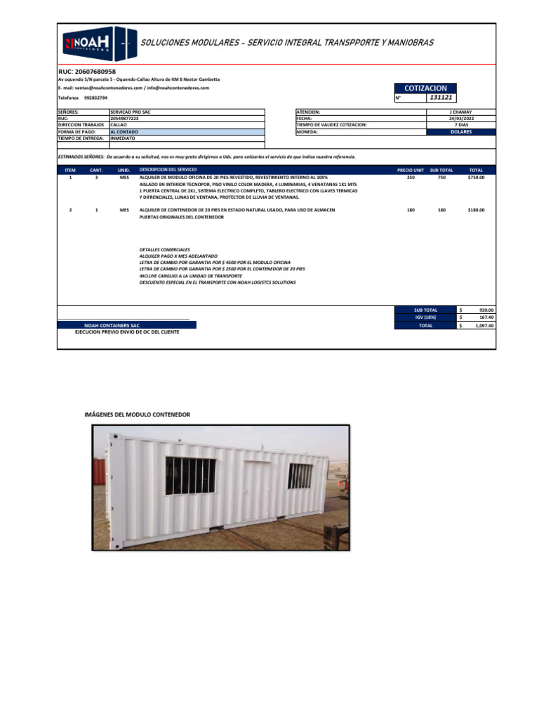 Cotizacion Alquiler de Modulo 20-Servicad Pro 240322 | PDF