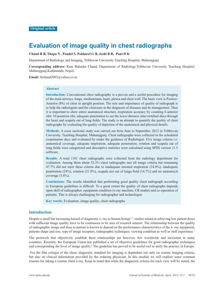 Evaluation of Image Quality in Chest Radiographs | PDF | Radiology | Thorax