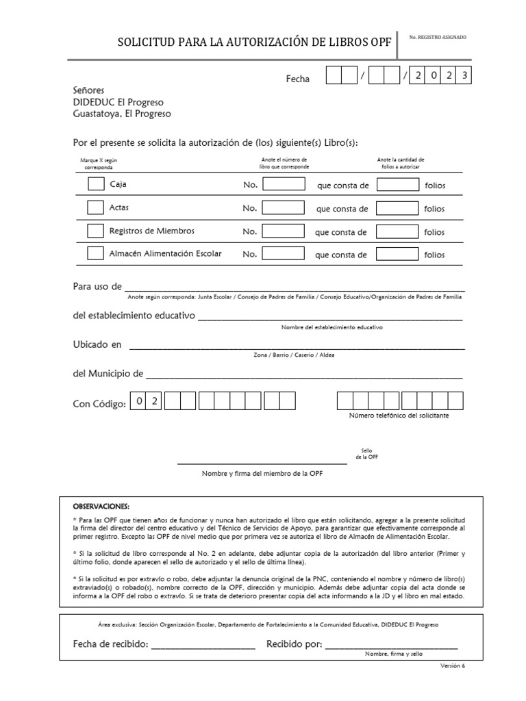 Formato Solicitud para Autorizacion de Libros Opf 2023 | PDF