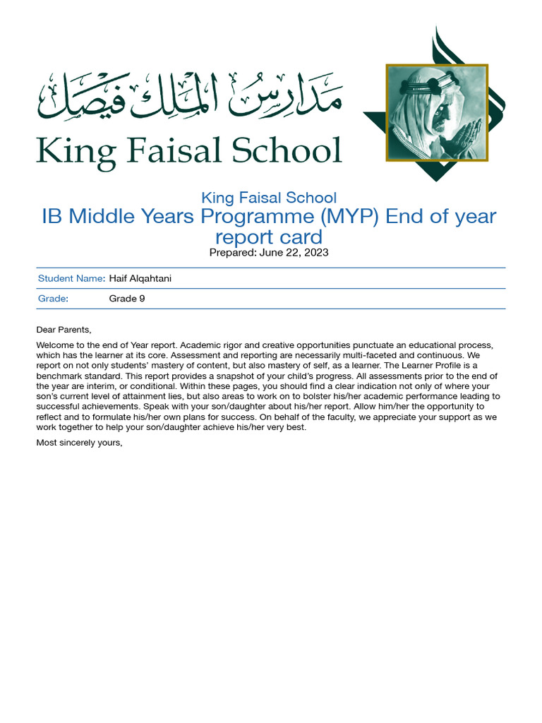 IB Middle Years Programme MYP End of Year Report Card Grade 9 Alqahtani ...