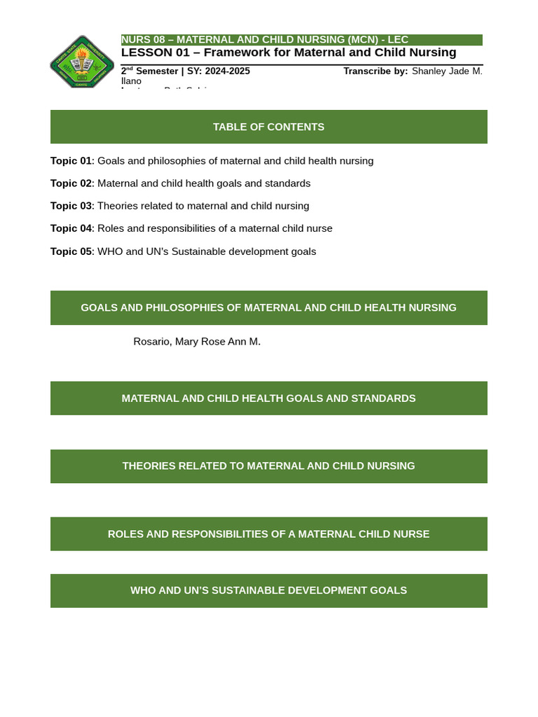 (Lec) L1 - Framework For Maternal and Child Nursing | PDF
