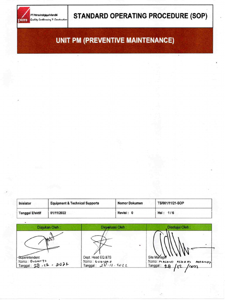 SOP 001 Unit PM (Preventive Maintenance) | PDF