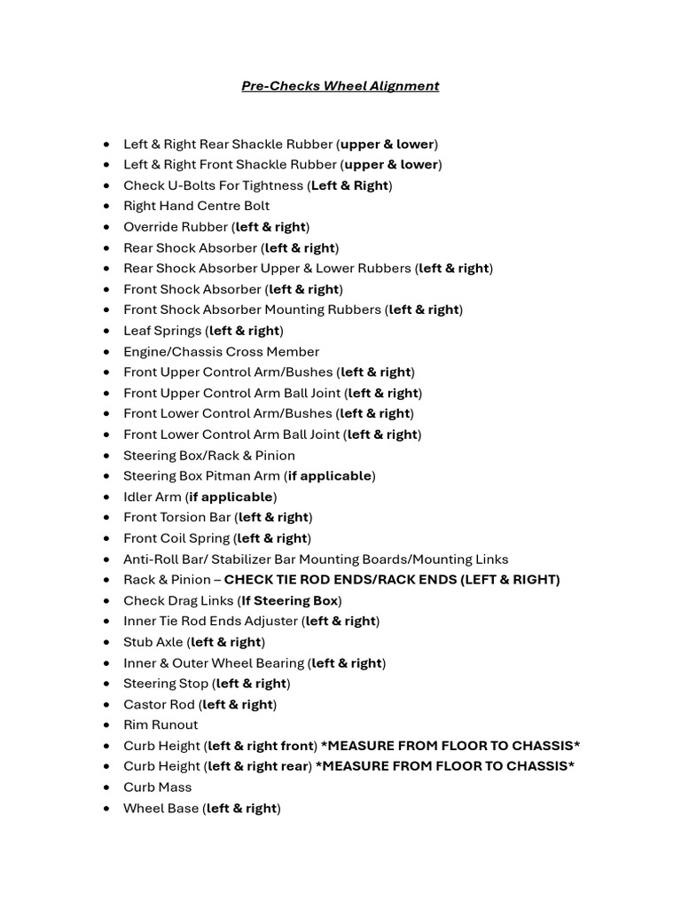 Pre-Checks Wheel Alignment | PDF