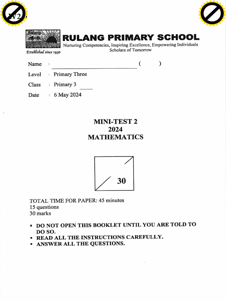 2024 P3 Maths WA2 Rulang Primary With Answer | PDF | Drink