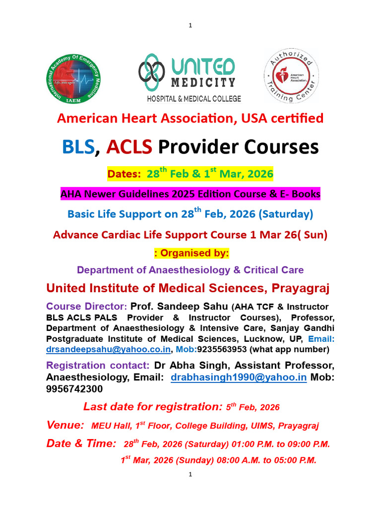 AHA BLS ACLS Provider Course UIMS Allahabad 28 Feb 1 Mar 2026 | PDF ...