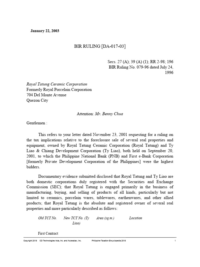 BIR Ruling DA 017-03 Foreclosed Property Still Subject to Income Tax ...