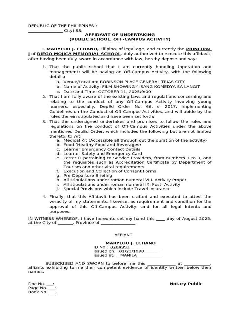Affidavit of Undertaking Off Campus Activity Legal | PDF | Affidavit ...