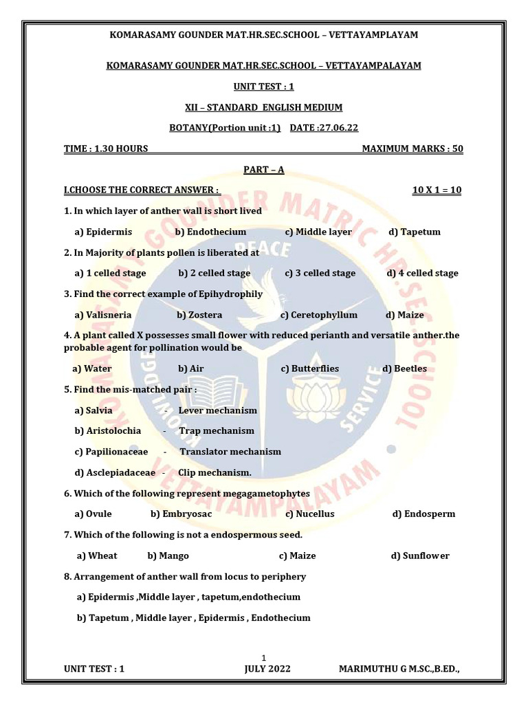 12th Botany EM Unit Test 1 Model Question Paper English Medium PDF ...
