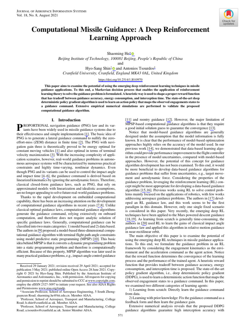 Computational Missile Guidance A Deep Reinforcement Learning Approach ...