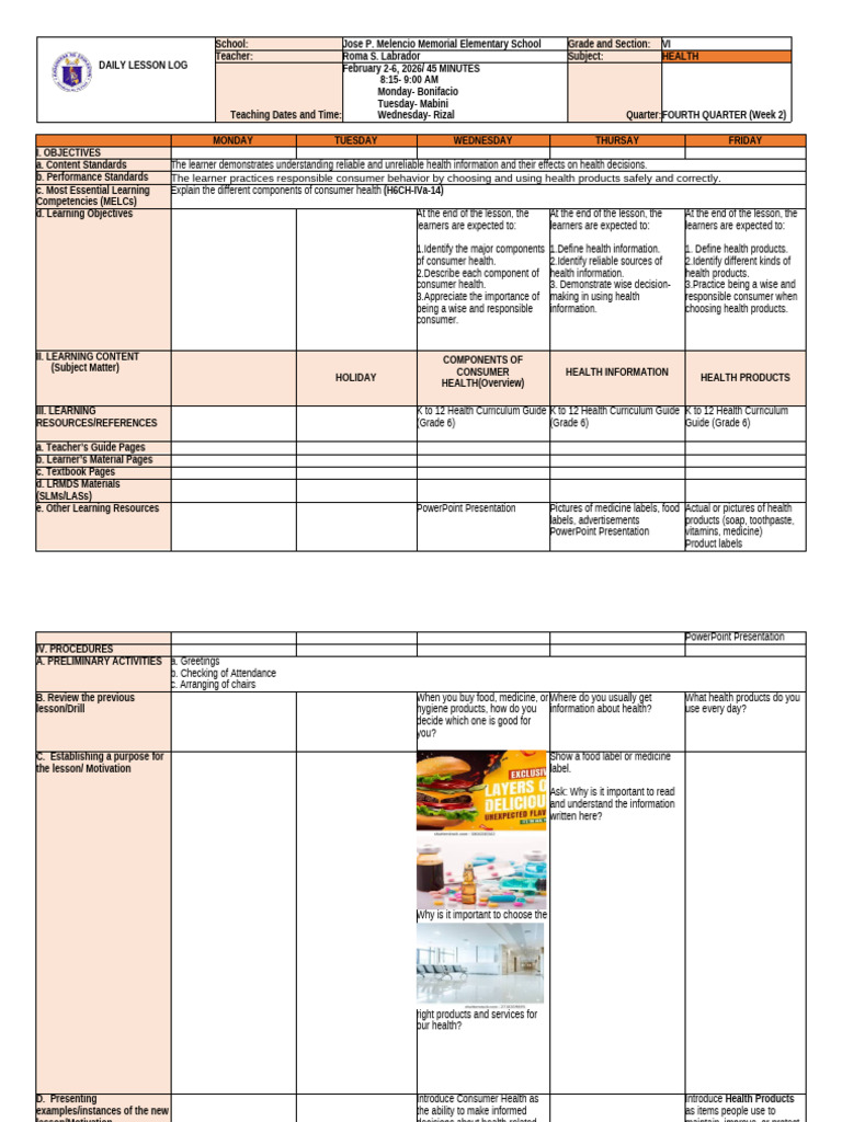Dll Week 2 Health | PDF | Learning | Curriculum