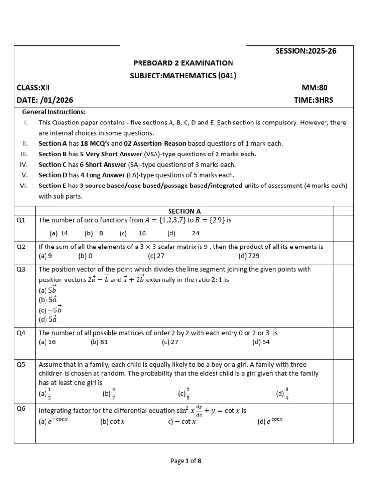 Pre Board 2 | PDF | Linear Programming | Matrix (Mathematics)