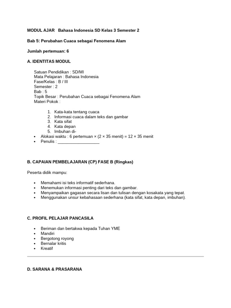 MODUL AJAR Bahasa Indonesia SD Kelas 3 Semester 2 | PDF