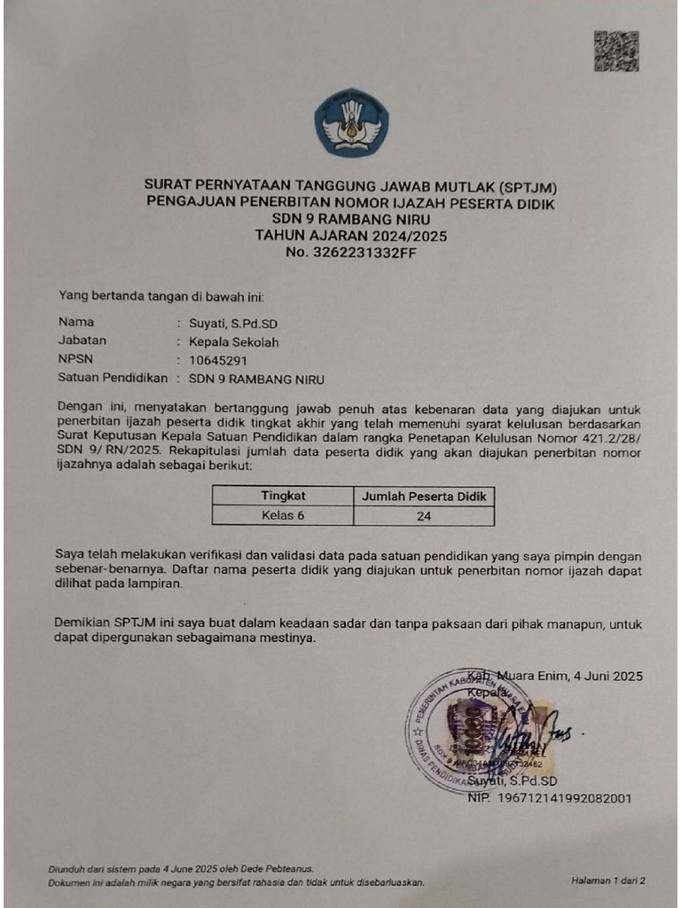 SPTJM Ijzah SDN 9 Rambang Niru | PDF