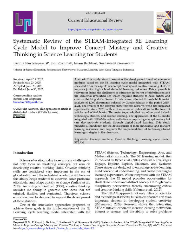 Systematic Review of The STEAM-Integrated 5E Learning Cycle Model To ...