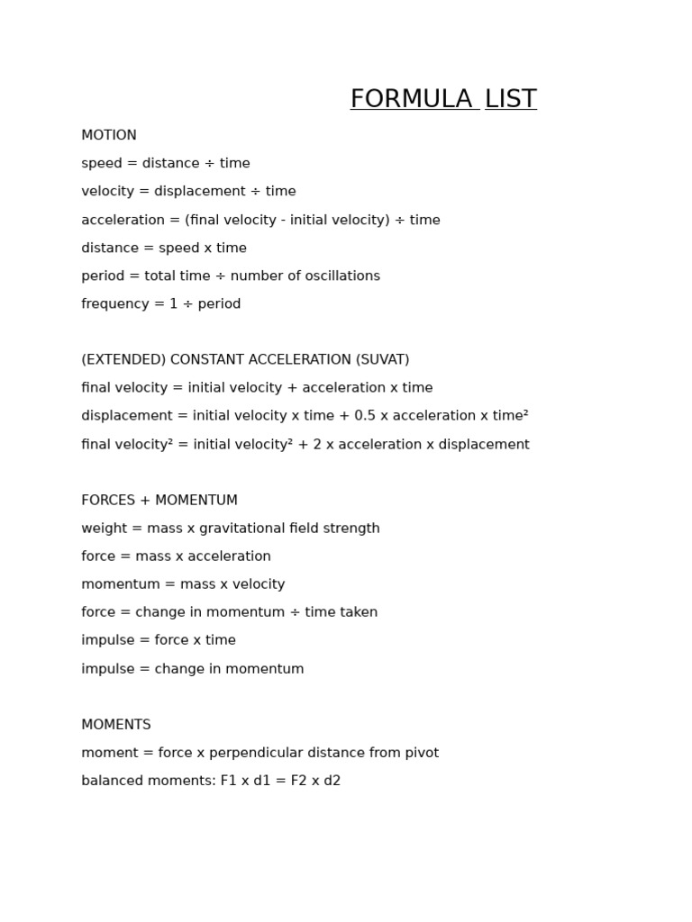 Physics Formula List With Units | PDF | Force | Mass