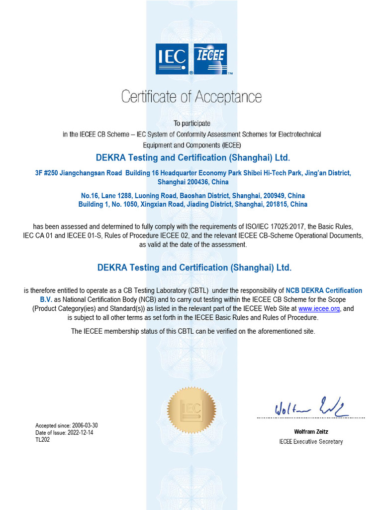 CBTL - Certificate - DEKRA Testing and Certification (Shanghai) Ltd. | PDF