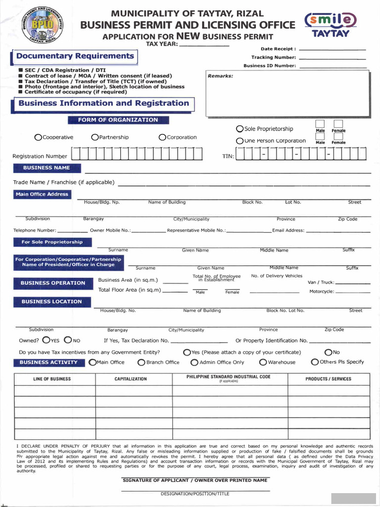 Application For New Business Permit Form | PDF | Business