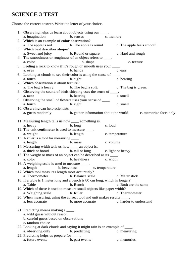 Science 3 Test q2 Week 2 | PDF | Senses | Thermometer