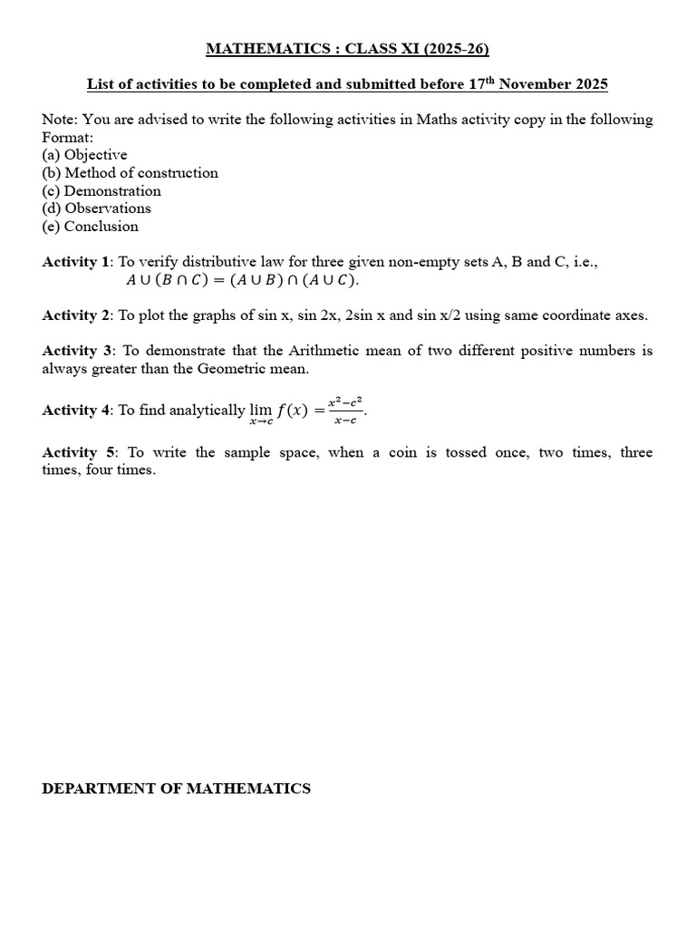 Xi Maths Activities 2025-26 | PDF