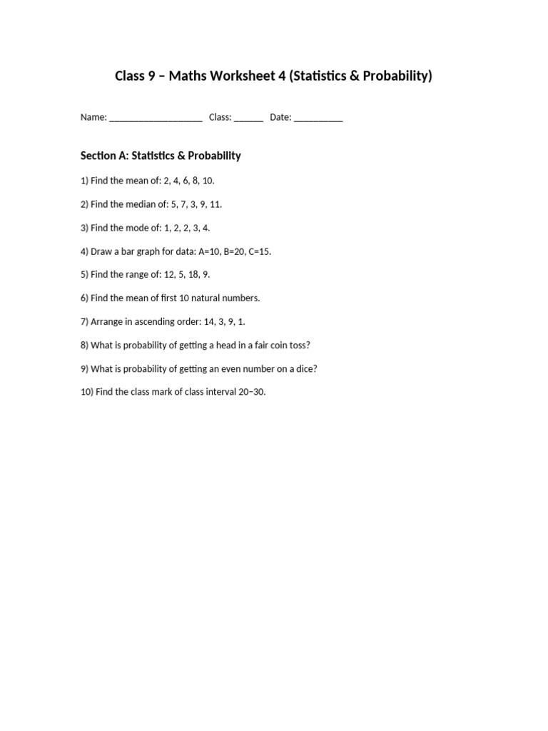 Maths Worksheet 4 Statistics Probability | PDF | Mean | Mode (Statistics)