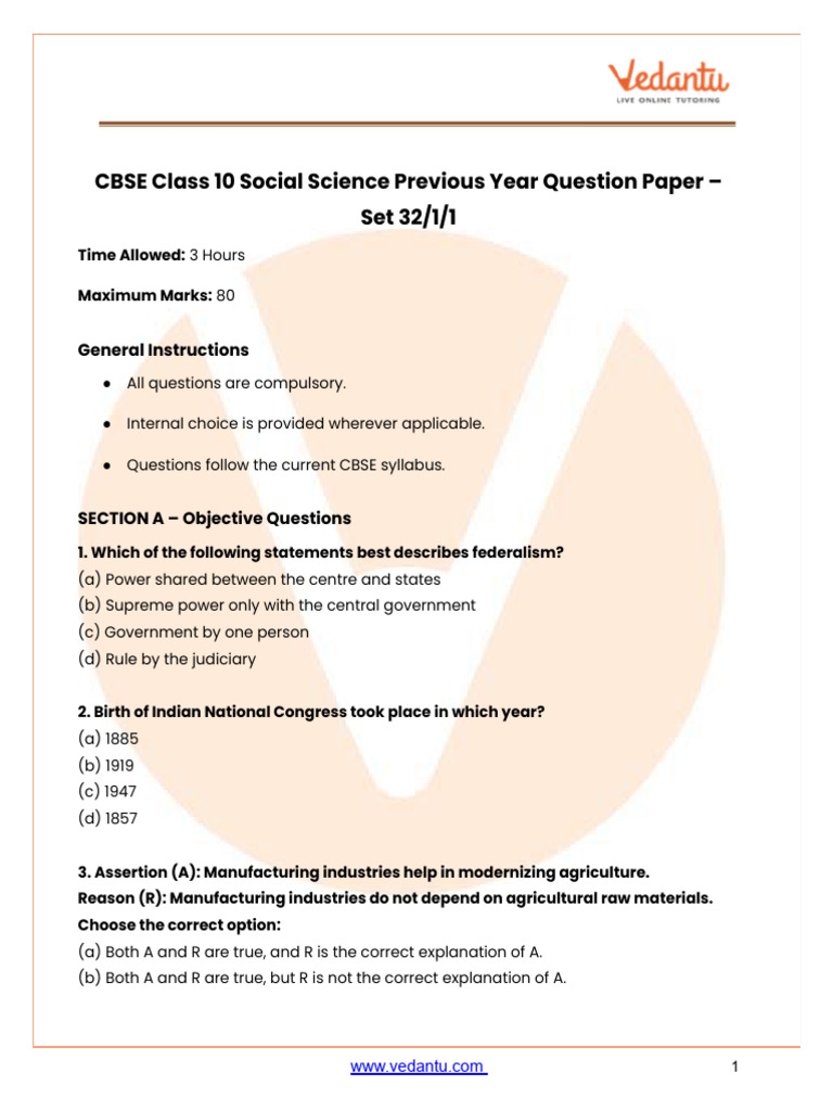 CBSE Class 10 Social Science 2025 Set 1 Question Paper PDF | PDF ...