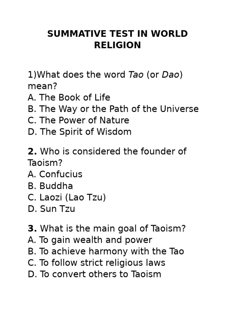 SUMMATIVE TEST IN WORLD RELIGION Shintoism | PDF | Tao | Laozi