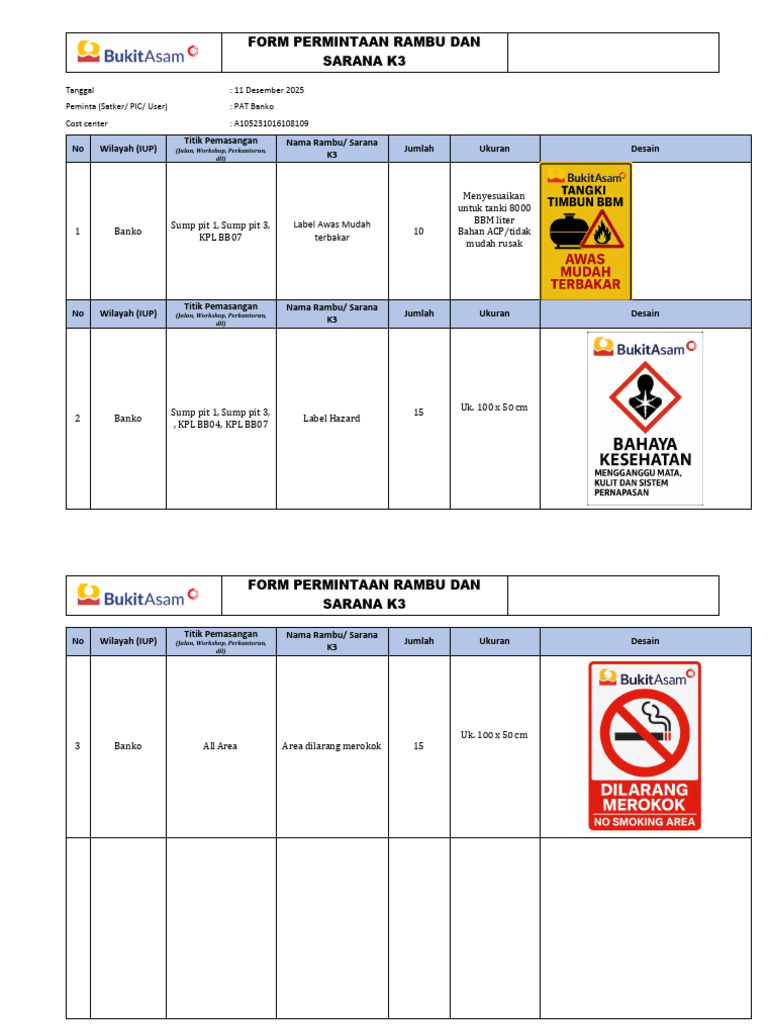 Form Permintaan Label & Rambu K3 - PAT BANKO-1 | PDF