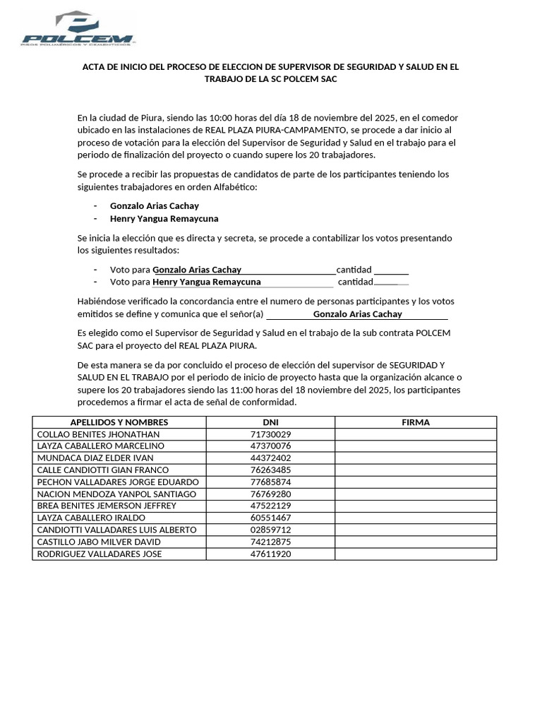 Acta de Inicio Del Proceso de Eleccion de Supervisor de Seguridad y ...