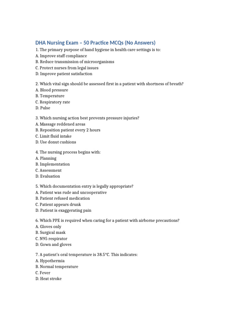 DHA Nursing 50 MCQ Practice No Answers | PDF | Childbirth | Clinical ...