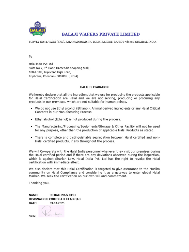 Halal Declaration 2025 | PDF