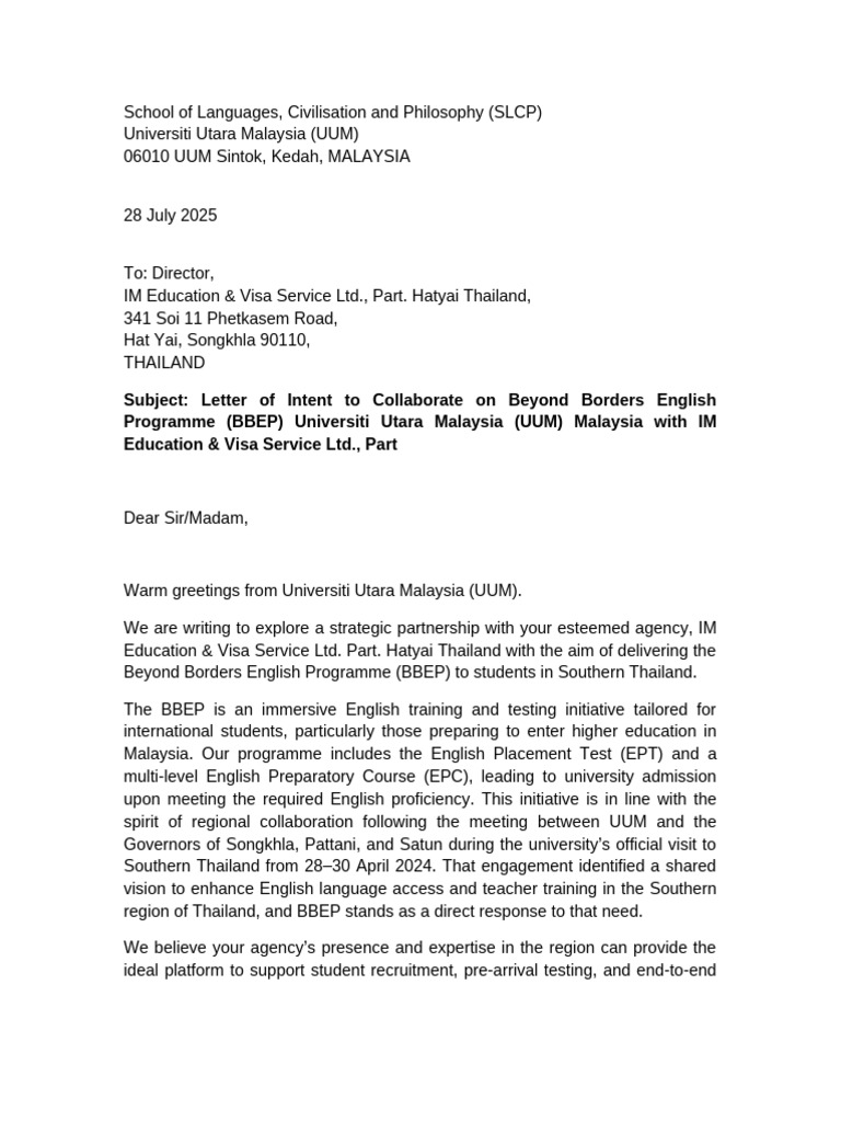 BBEP Official Letter UUM To IM Education FINAL | PDF