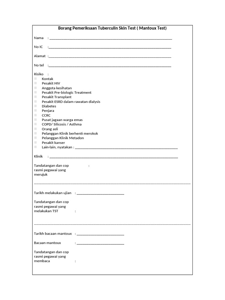 Borang Pemeriksaan Tuberculin Skin Test | PDF