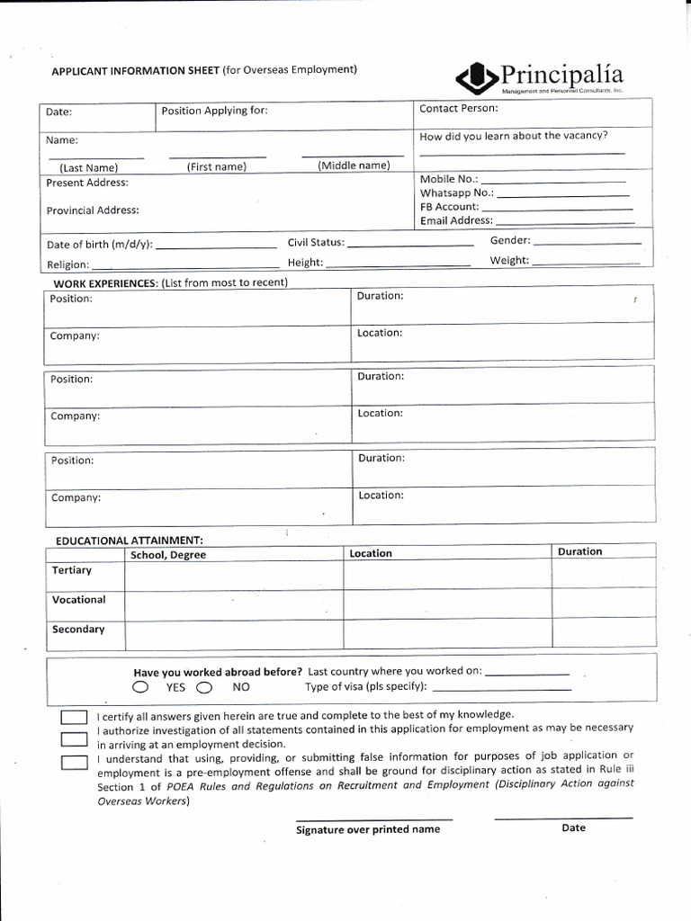 Applicant Information Sheet | PDF