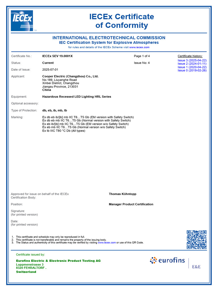 Crouse Hinds Hrl Led Iecex Certificate | PDF | International ...