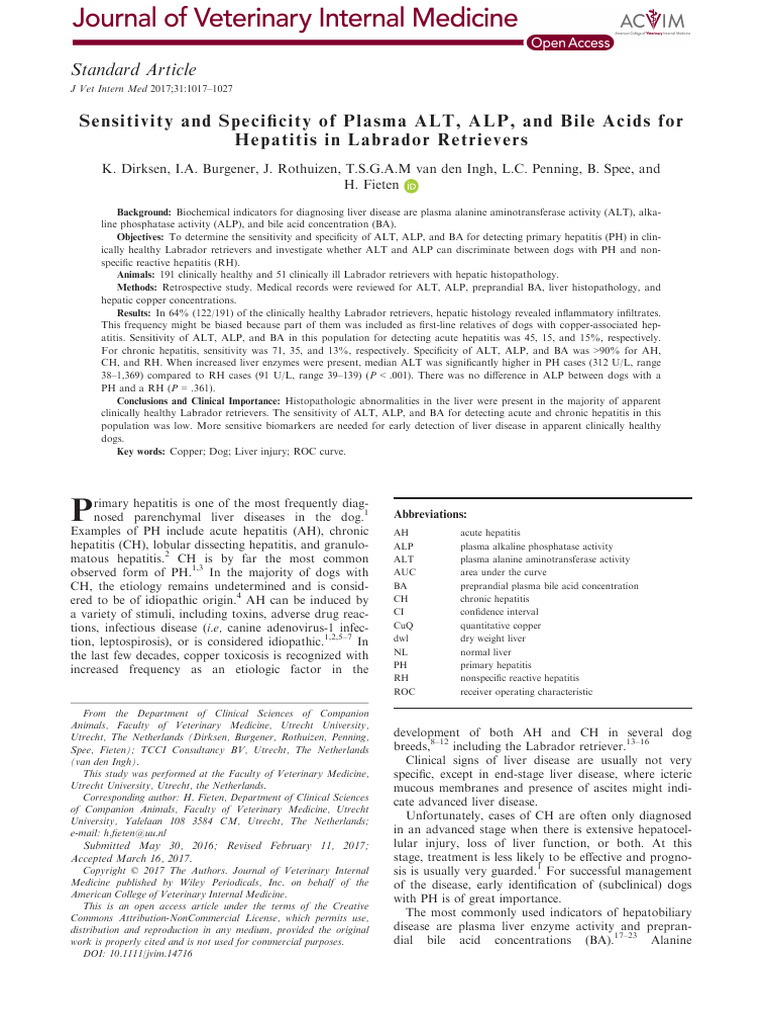 Sensitivity and Speci City of Plasma ALT, ALP, and Bile Acids ...