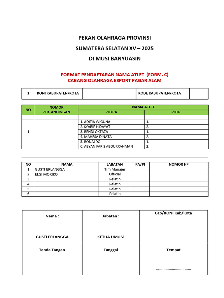 Esi - Formulir Form C - Porprov XV Tahun 2025 | PDF