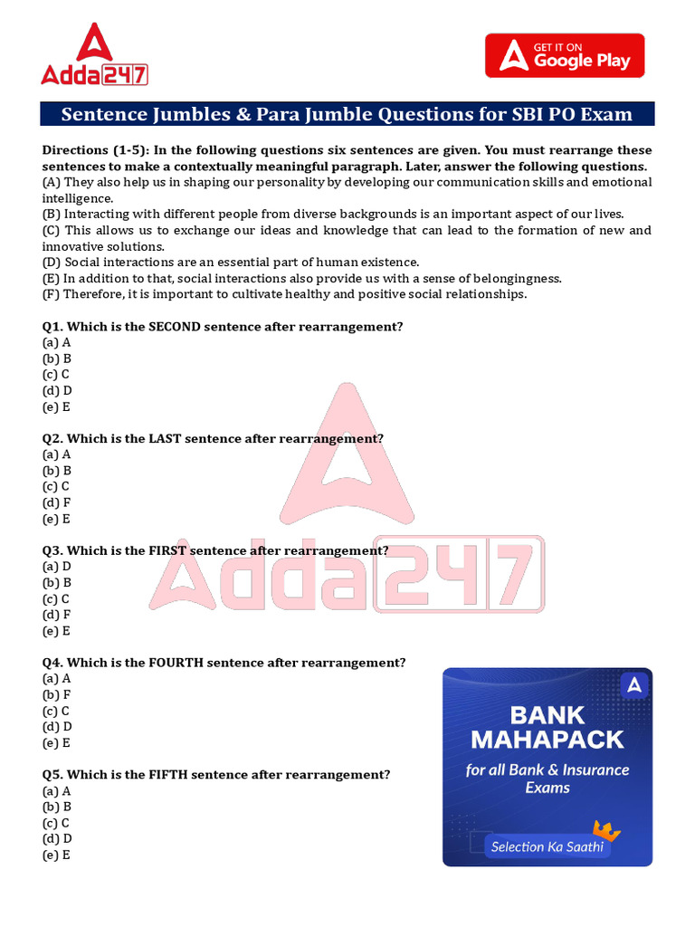 Sentence Jumbles para Jumble Questions For SBI PO Exam 1 | PDF | Plural ...