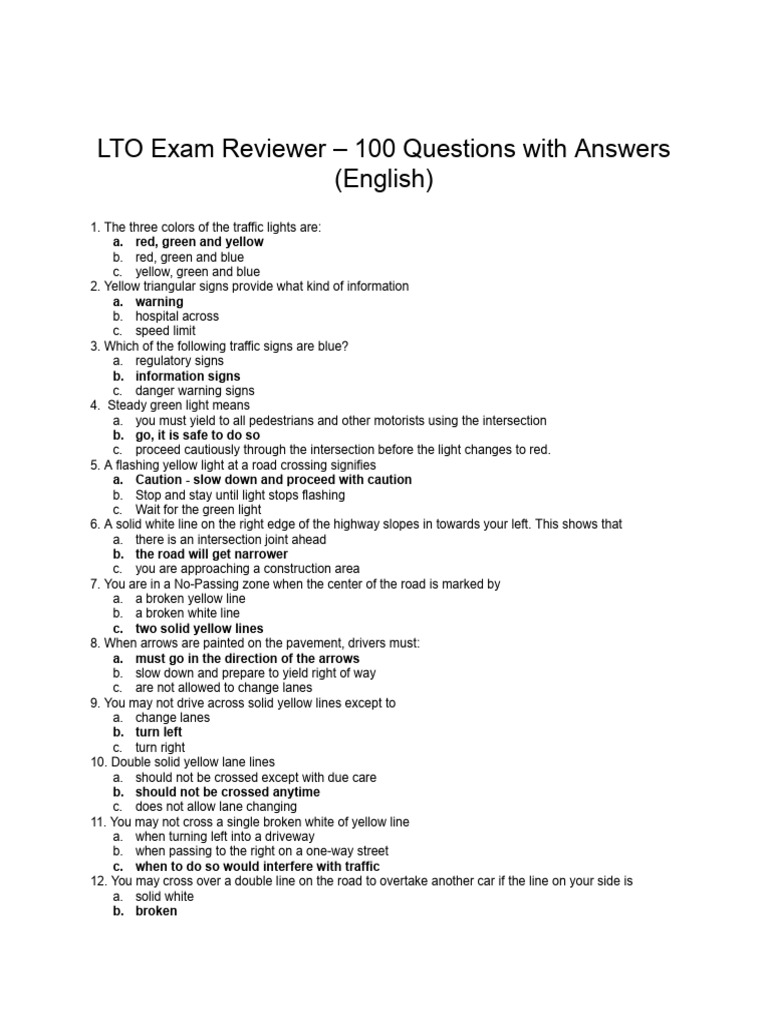 LTO Drivers License Examination Reviewer Answers English 1 | PDF ...