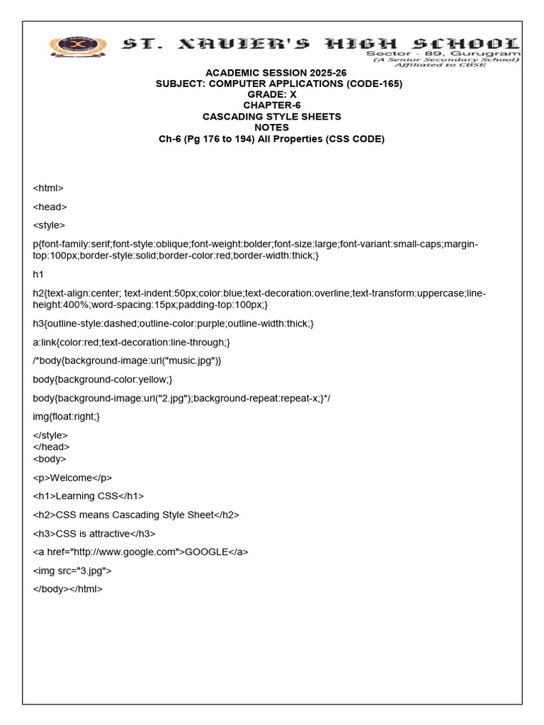 Class 10 Ch-6 Cascading Style Sheets Code | PDF