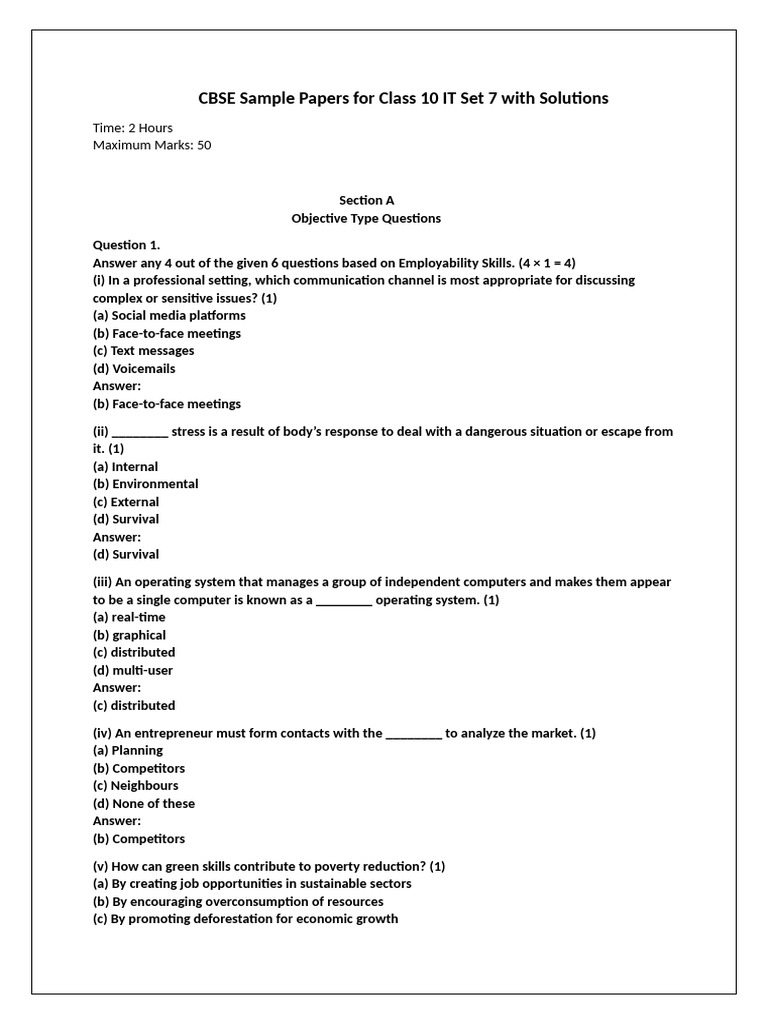 CBSE Sample Papers For Class 10 IT Set 7 With Solutions | PDF ...