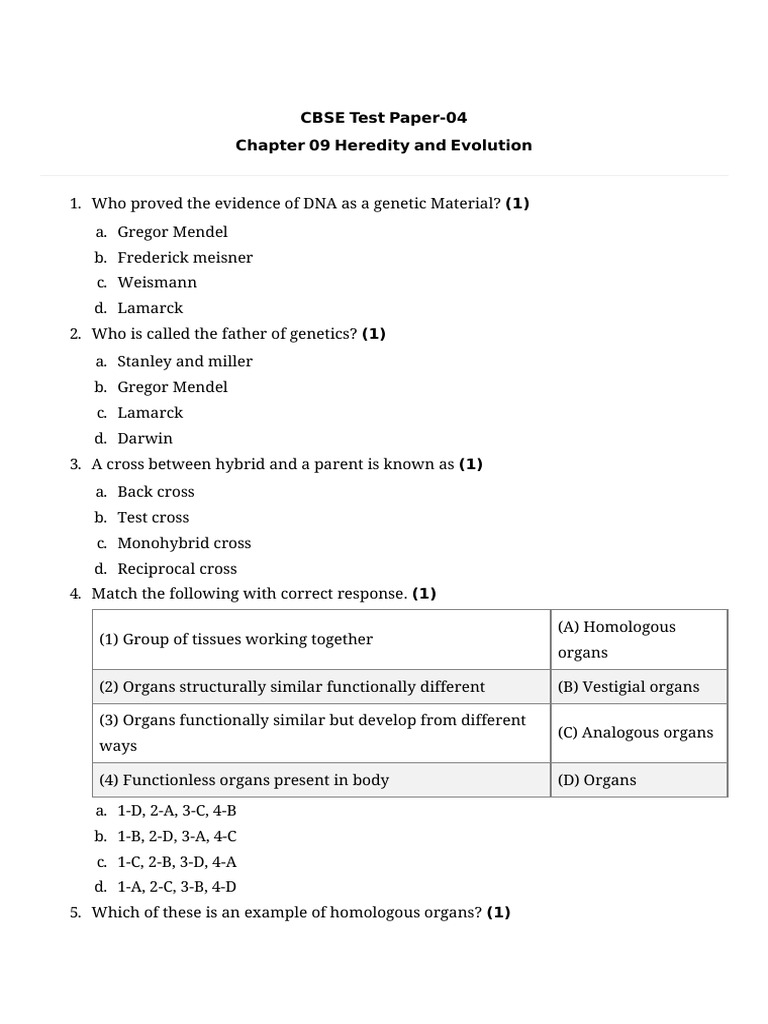 Chapter 09 Heredity and Evolution Test Paper 04 | PDF | Chromosome | Sex