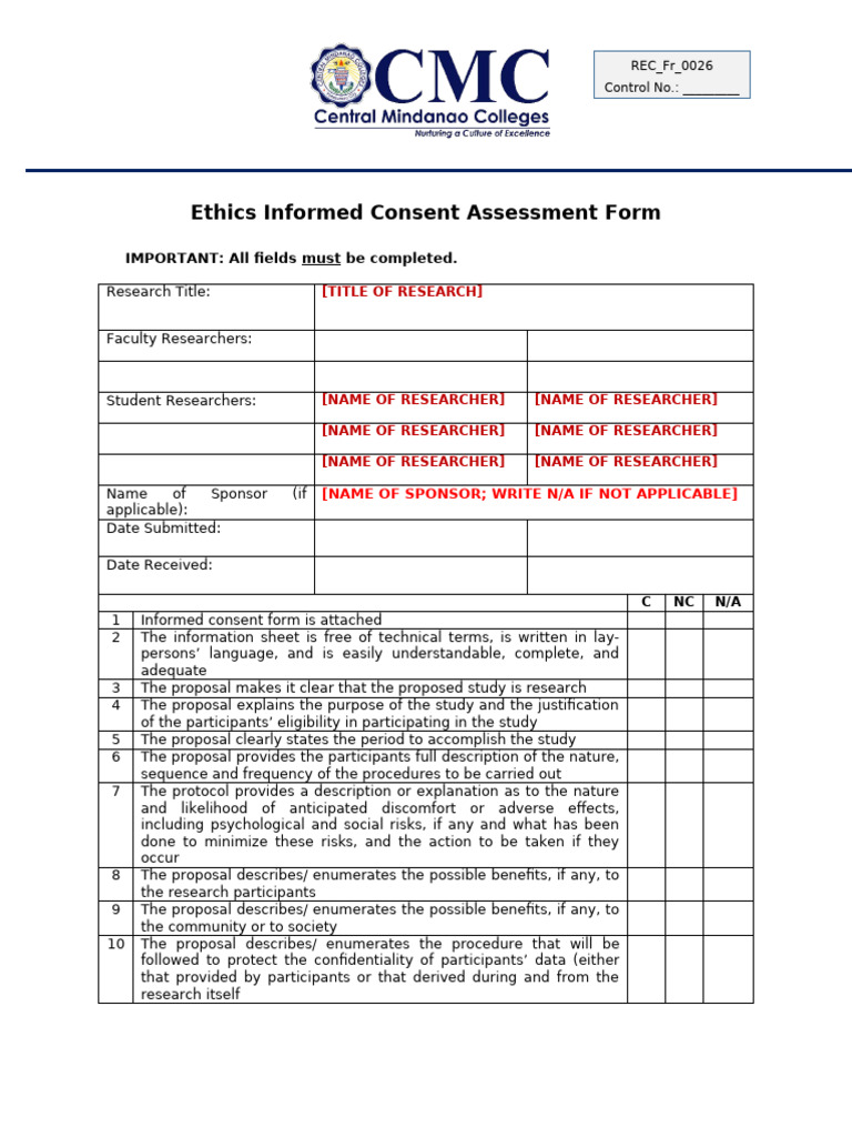 REC FR 0026 Ethics Informed Consent Assessment Form | PDF | Informed ...