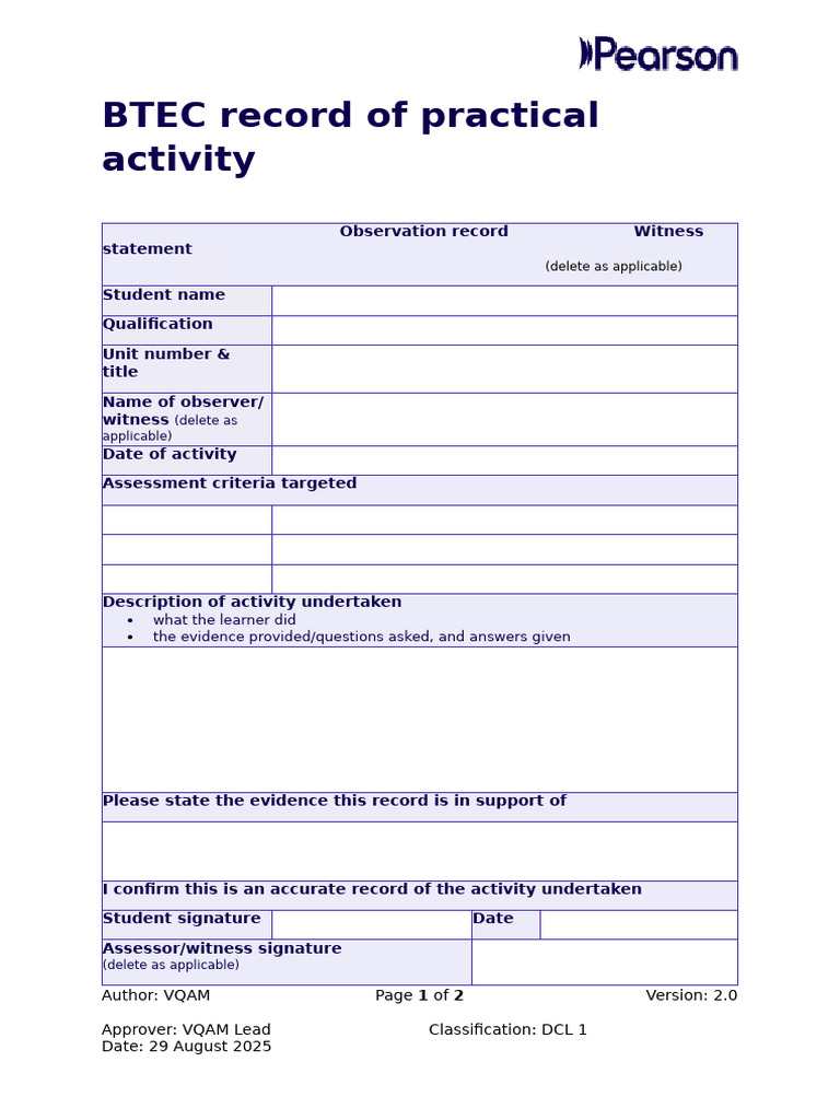 BTEC Record of Practical Activity Template | PDF