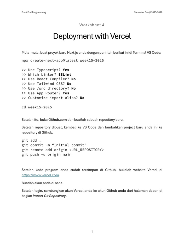 Worksheet 4 - Deployment With Vercel | PDF