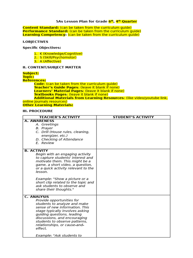5As Lesson Plan Template | PDF | Lesson Plan | Curriculum