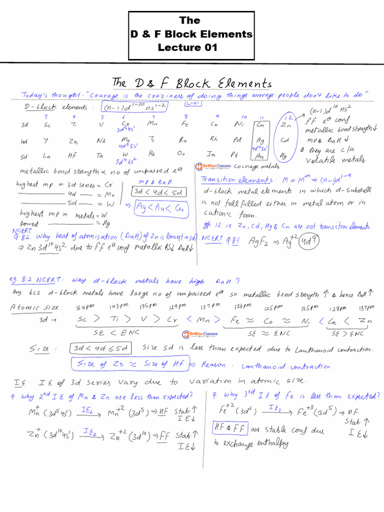 D & F Block Elements Notes | PDF | Periodic Table | Sets Of Chemical ...