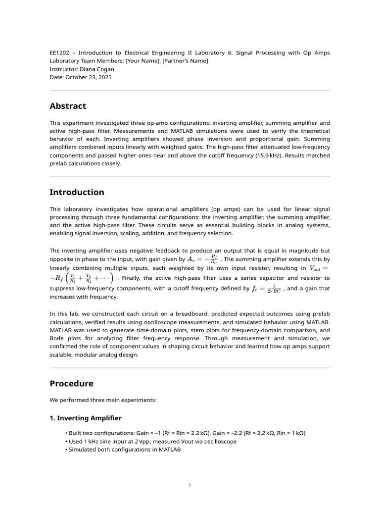 Lab6 Report Template | PDF | Amplifier | Operational Amplifier